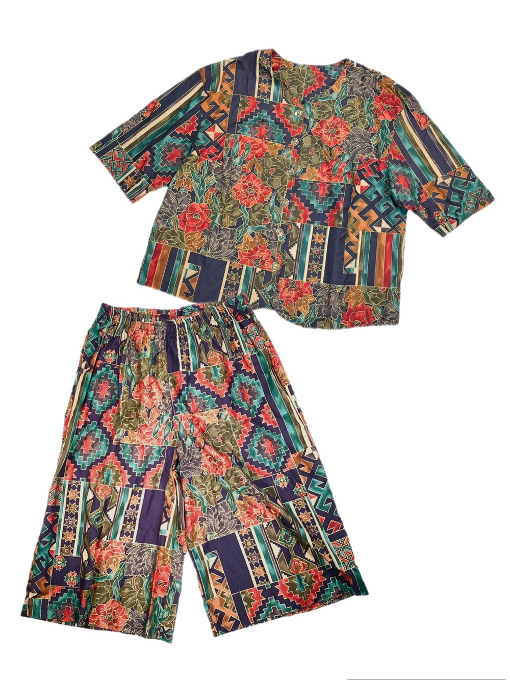 Vintage Plus Size Matching Set 2 Piece Top Capri Pants Funky Maximalist Print